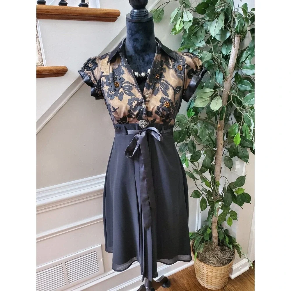 Black Floral Women's Polyester Collared Short Sleeve Knee Length Partywear Dress - Picture 10 of 10